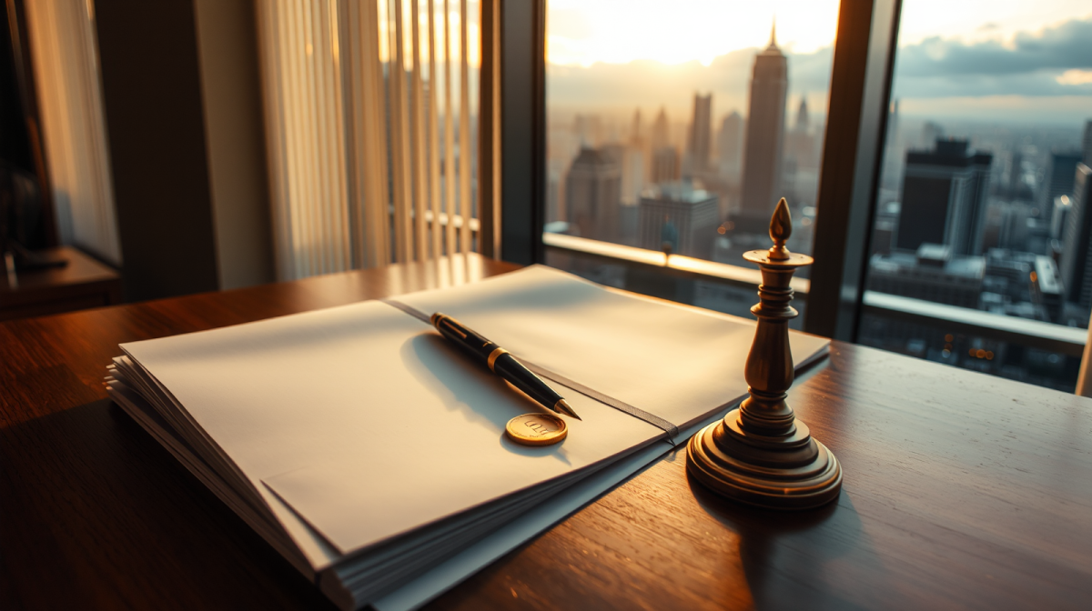 Documenti del Decreto Lavoro 2026 con penna e moneta d'oro su scrivania, skyline cittadino sullo sfondo, riforma del salario giusto