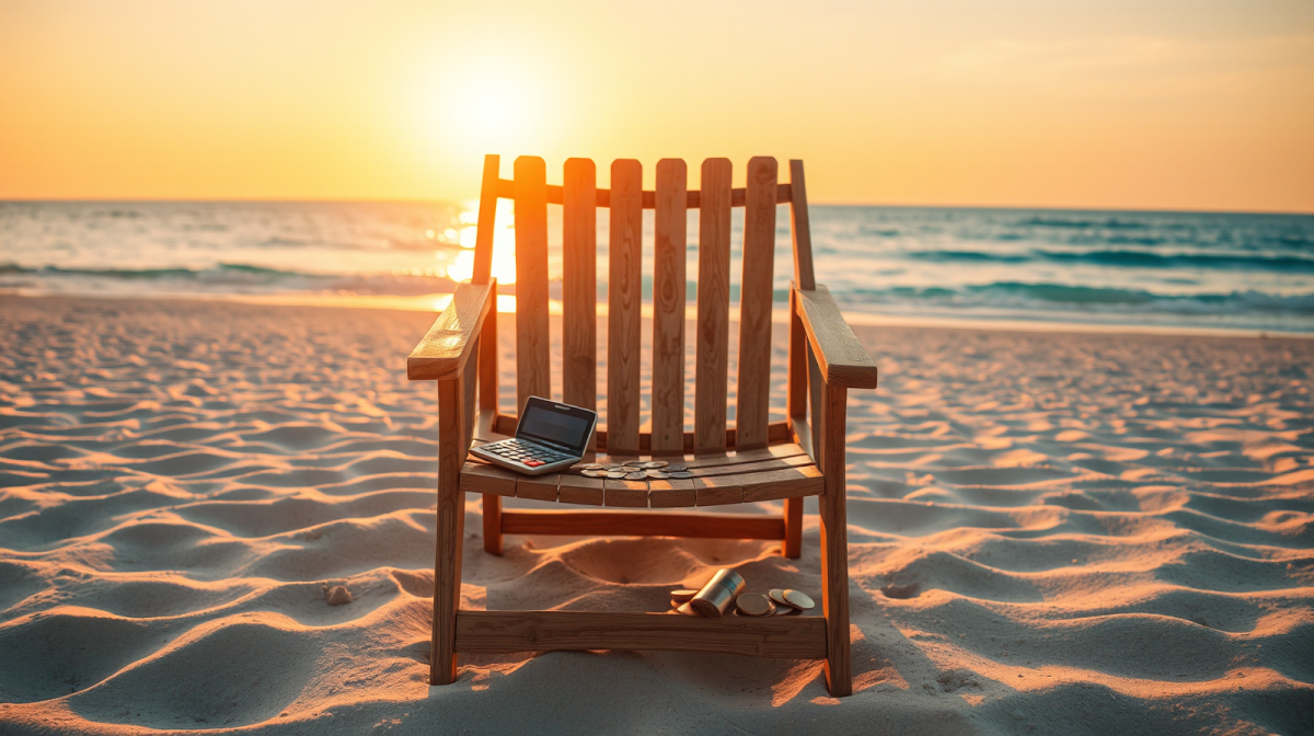Prestiti per le vacanze: con 5.400 euro finanziati si pagano 1.200 euro di interessi Prestiti per vacanze estive, calcolatrice e monete su una sdraio vuota in spiaggia davanti al mare al tramonto