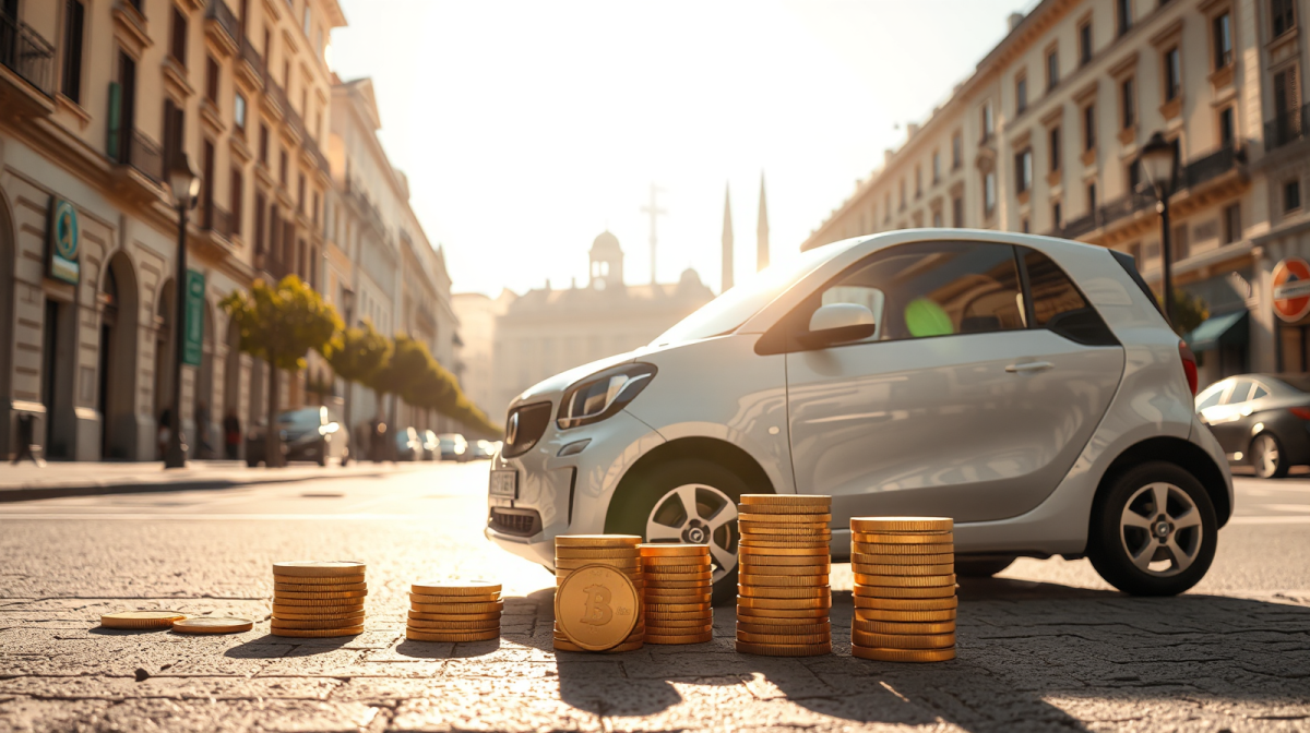 Auto moderna per il noleggio sociale con monete d'oro su un viale assolato, veicolo conveniente a 100 euro al mese