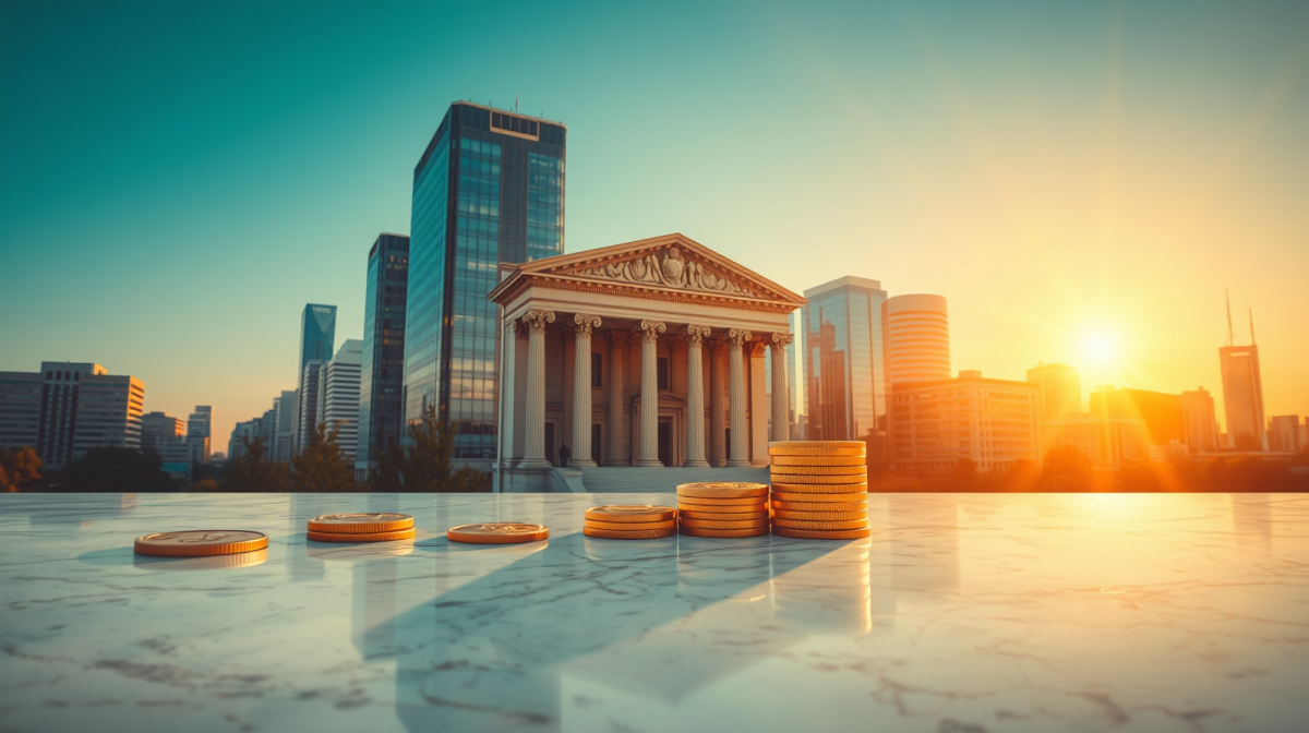 Banking district con skyline e monete d'oro, tassazione lavoratori frontalieri tra Italia e Francia