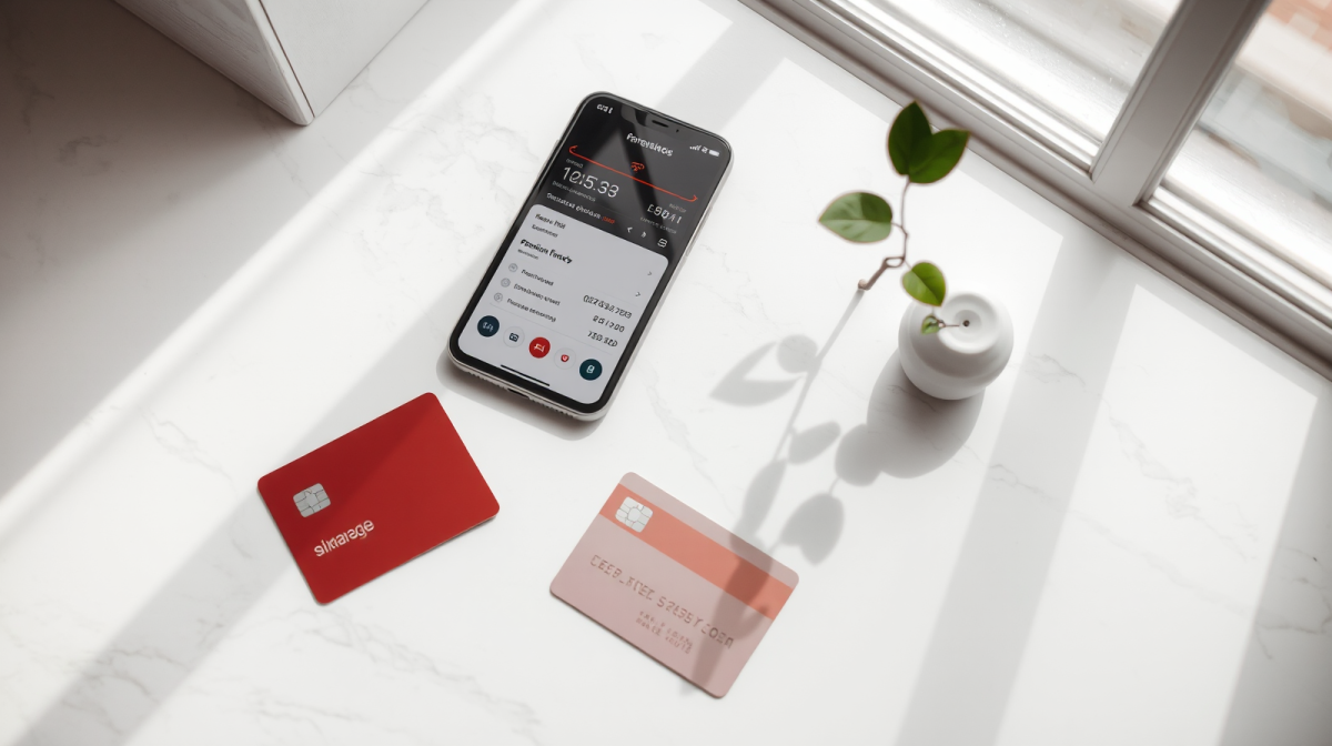 Carte di debito e app banking su superficie chiara, risparmio familiare e investimenti digitali