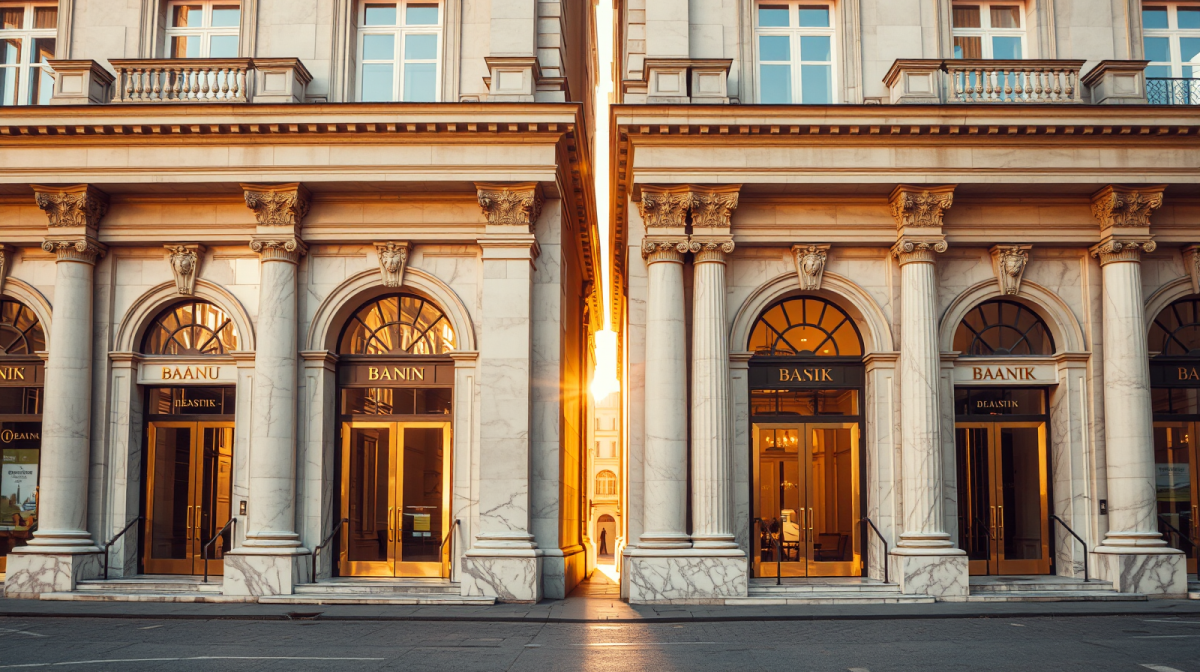 Fusione MPS-Banco BPM: cosa cambia per il tuo conto corrente e il tuo mutuo Facciate storiche bancarie unite in un unico edificio classico illuminato dalla luce solare calda, fusione bancaria tra istituti di credito
