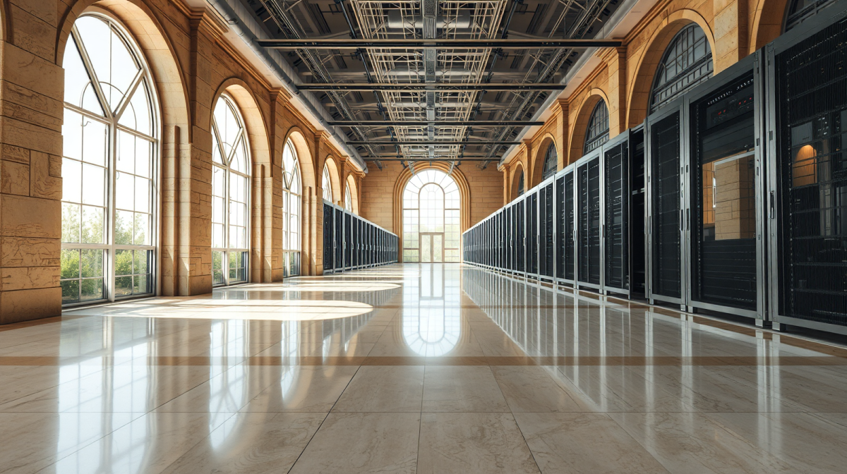 Infrastruttura data center con server rack nell'hub lombardo per l'intelligenza artificiale di Poste Italiane