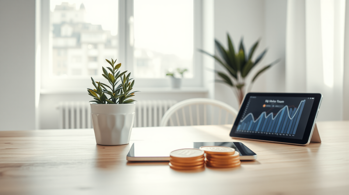 Investire in startup: scrivania moderna con pianta, monete e grafici di crescita, finanziamento innovativo e detrazione fiscale