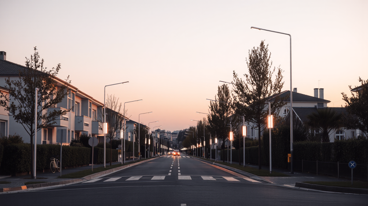 Illuminazione pubblica: più sicurezza e meno costi per i cittadini Lampioni LED moderni illuminano un attraversamento pedonale in un quartiere italiano
