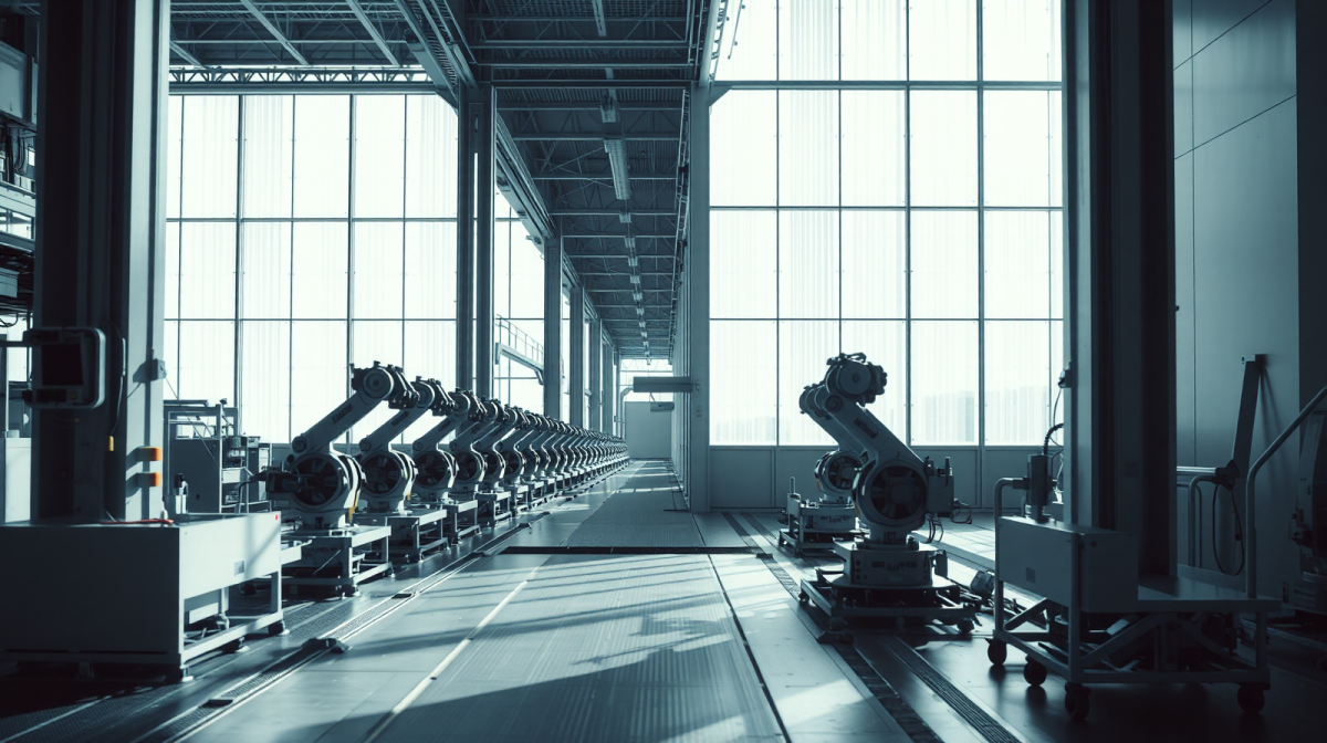 Linea di assemblaggio automobilistica europea con bracci robotici inattivi, industria auto in crisi per concorrenza cinese
