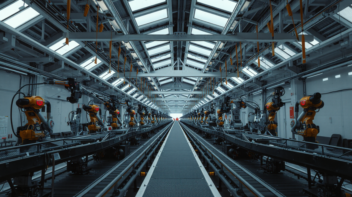 Linea di assemblaggio automobilistica vuota con bracci robotici e lucernari, stabilimento industriale inattivo, crisi del settore automotive