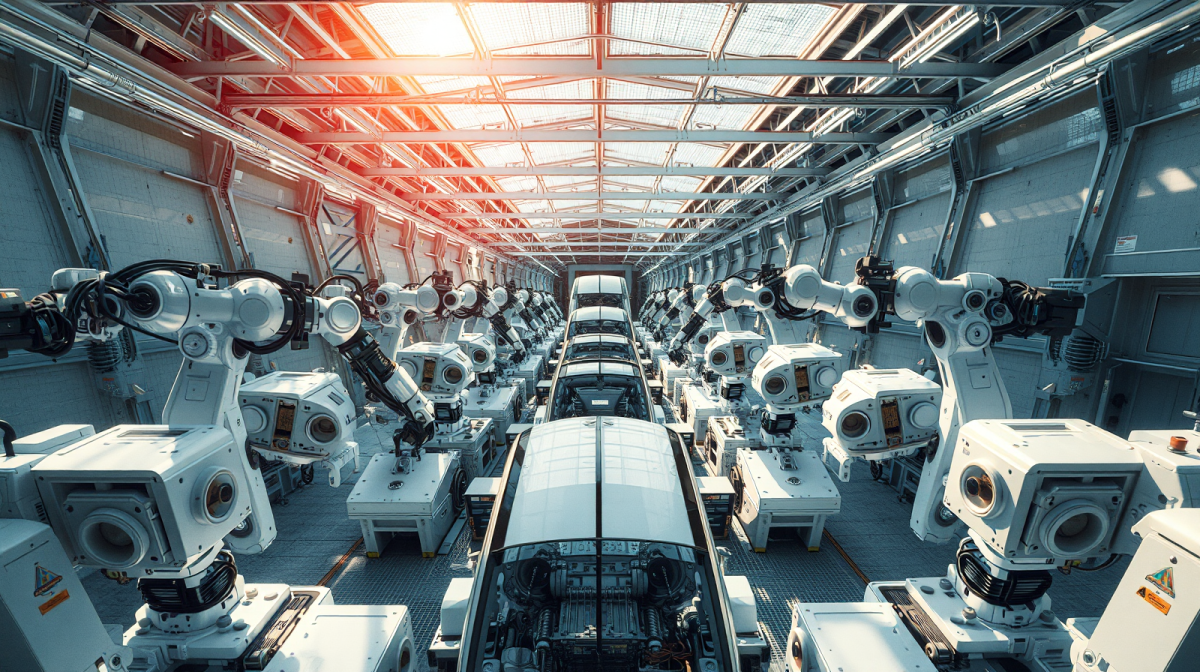 Linea di assemblaggio automobilistica vuota illuminata da luce naturale zenitale, industria auto in difficoltà