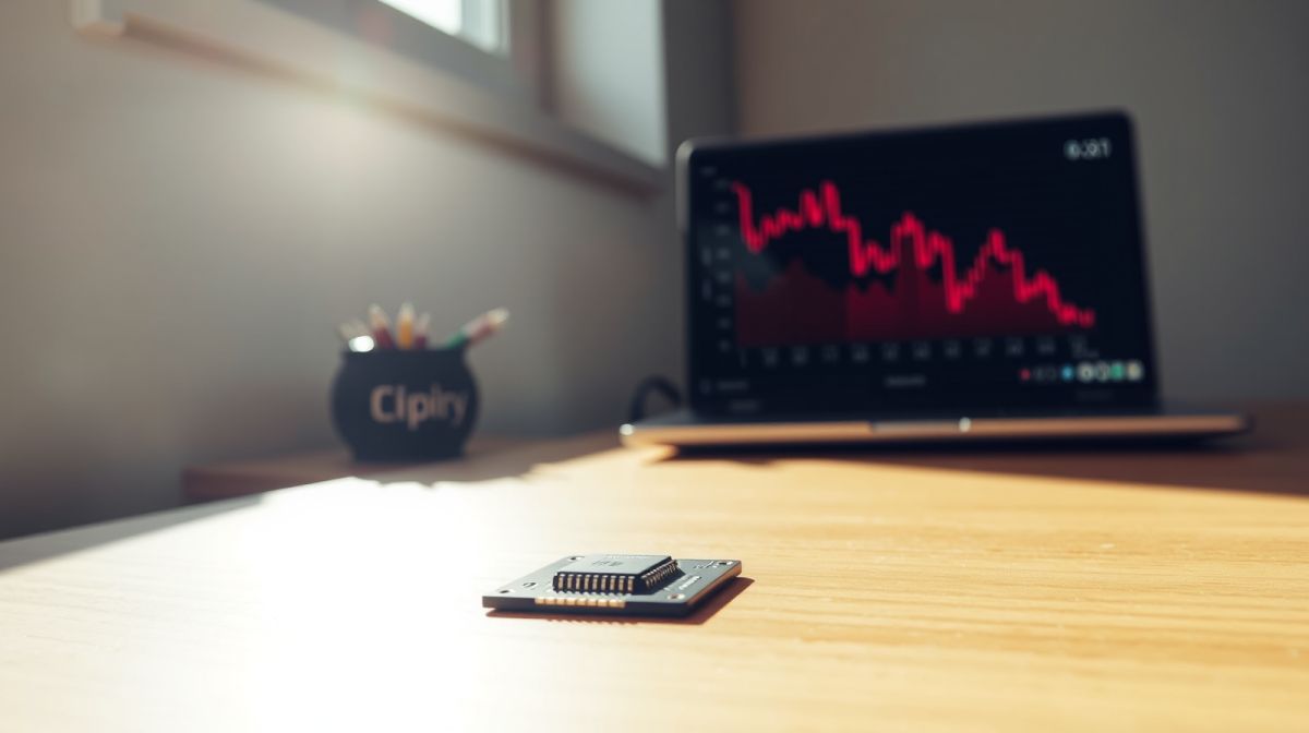 Microchip semiconduttore su scrivania illuminata dal sole, laptop con grafici in calo, crisi dei chip AI e borsa