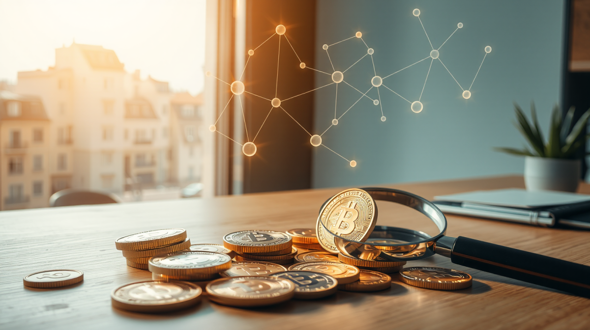 Monete oro digitali e nodi blockchain su scrivania con skyline di un distretto degli affari, criptovalute e conformità fiscale nel nuovo adempimento collaborativo