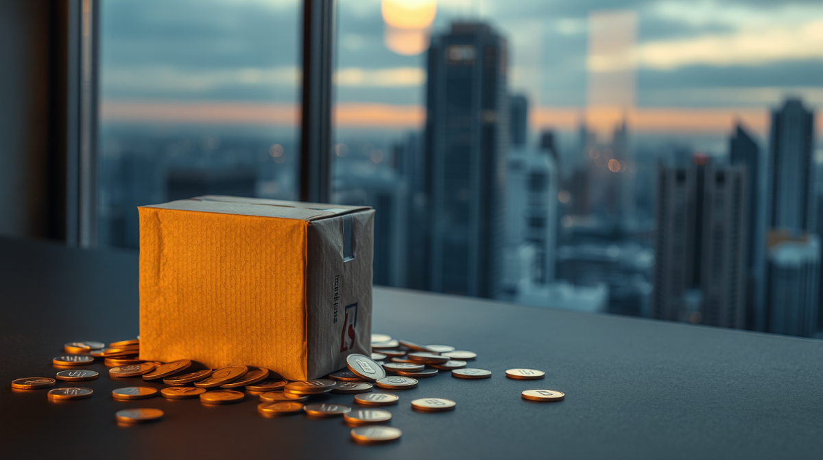 Pacco spedizioni con monete d'oro e skyline finanziario, dazio 3 euro acquisti online extra-UE