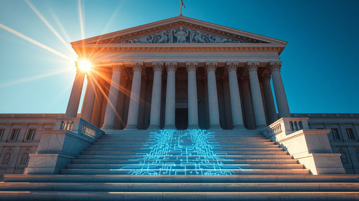 Palazzo governativo con circuiti luminosi e raggi dorati, simbolo dell'alleanza tra intelligenza artificiale e stato