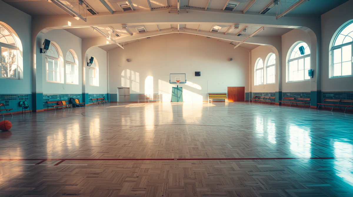 Palestra scolastica luminosa con campo da basket al pomeriggio, luci calde che filtrano dalle finestre, attrezzatura sportiva colorata sullo sfondo