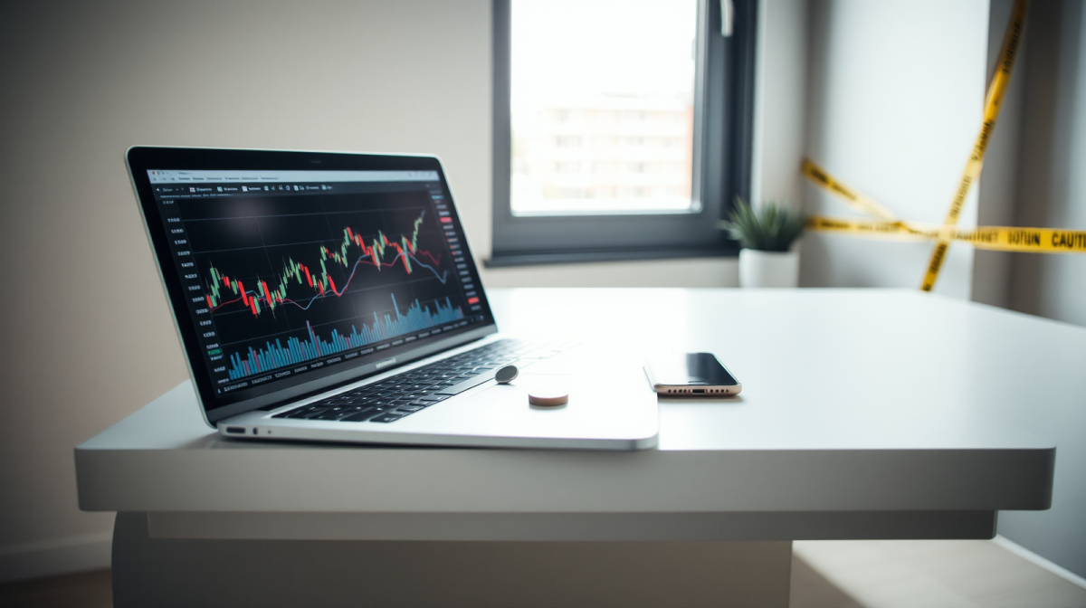 Piattaforma di trading automatico con AI su laptop e smartphone, grafici finanziari e cautela per il risparmiatore privato