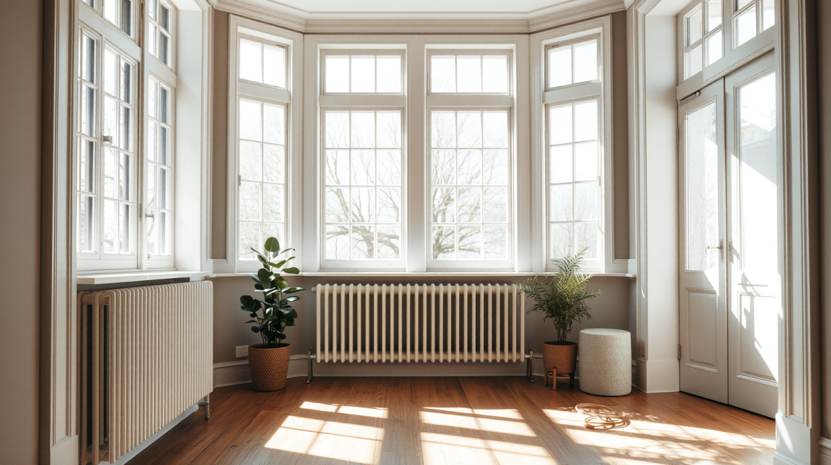 Salotto britannico luminoso con finestre a ghigliottina e termosifone bianco, risparmio bollette elettriche UK