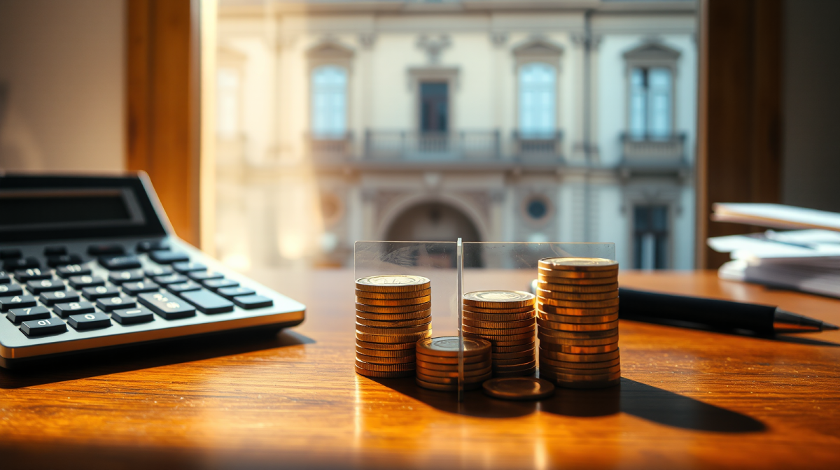 Scrivania con monete divise e calcolatrice, gestione dello split payment per fatture verso enti pubblici