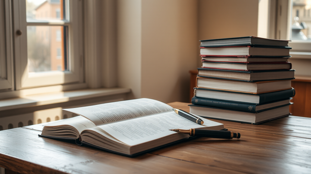 Scrivania illuminata dal sole con libri universitari aperti e un quaderno, borse di studio per studenti meritevoli fuori sede