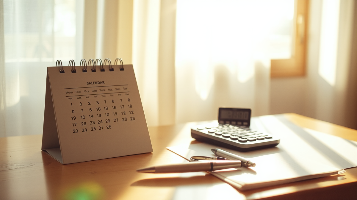 Scrivania illuminata dalla luce estiva con calendario e penna, scadenza 730 e rimborso IRPEF 2026