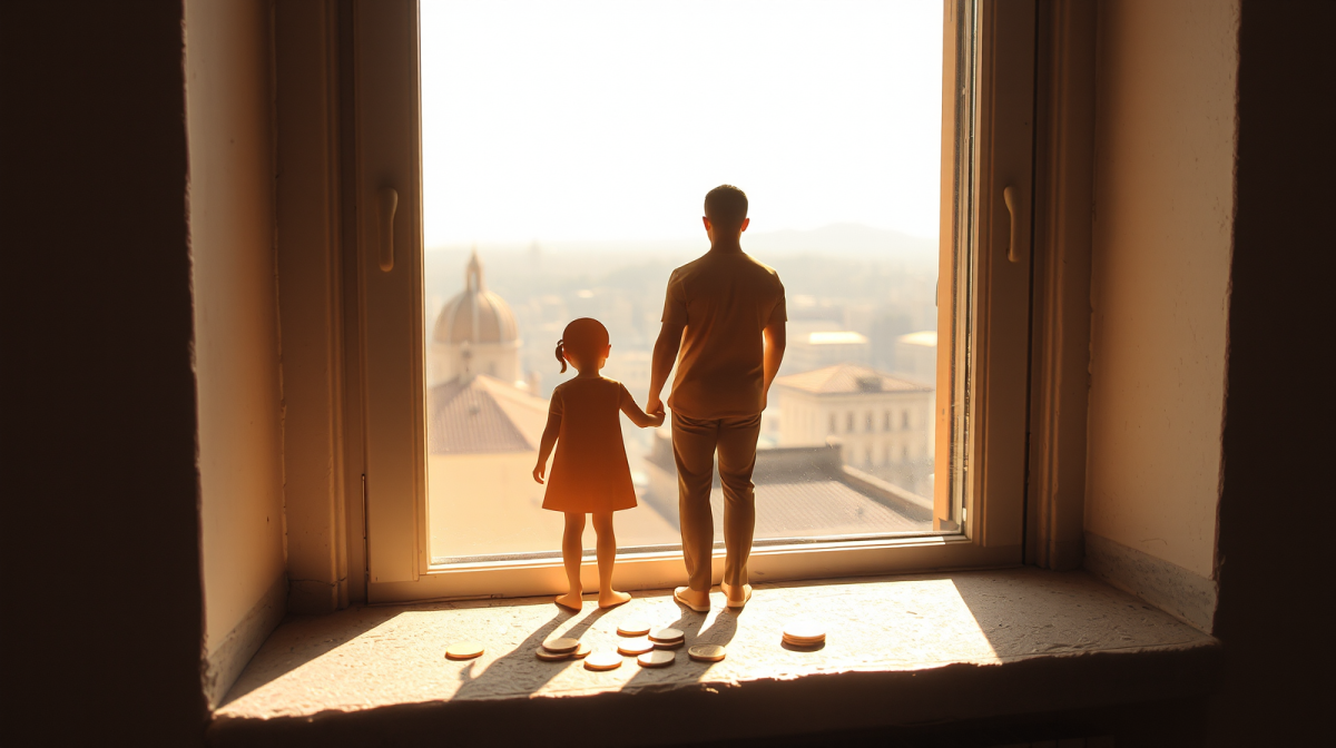 Silhouette di genitore e figlio su davanzale con monete d'oro e skyline cittadino europeo, Assegno Unico per famiglie transfrontaliere