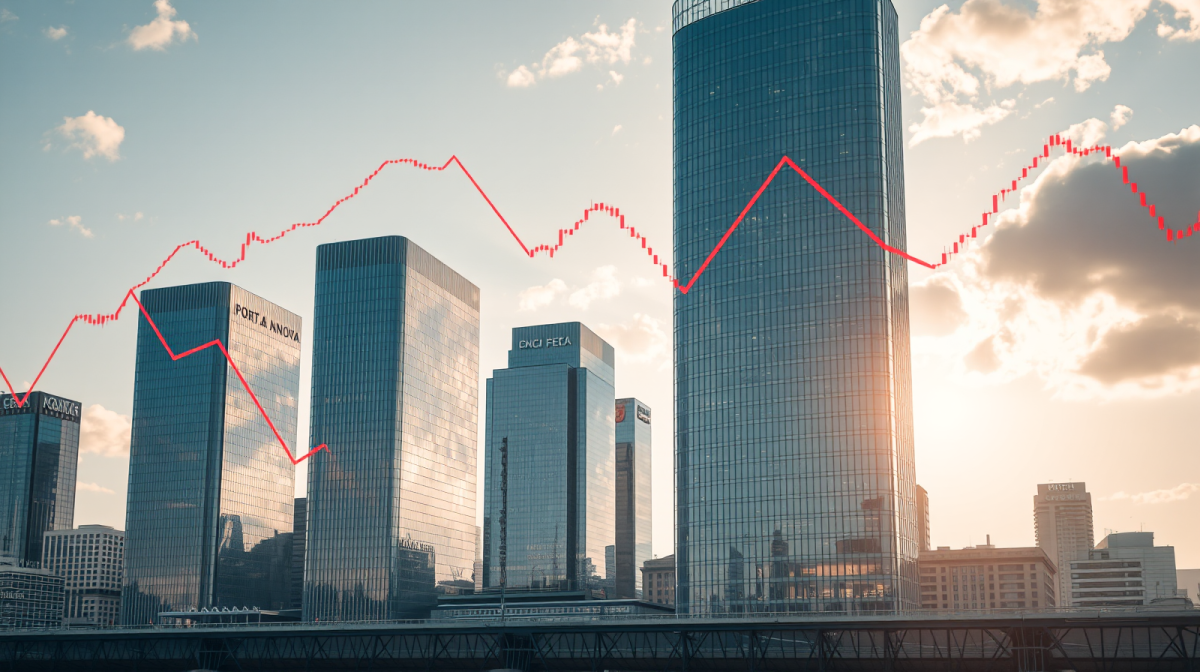 Skyline del quartiere finanziario Porta Nuova di Milano con grafici azionari, mercato borsistico italiano in moderata flessione