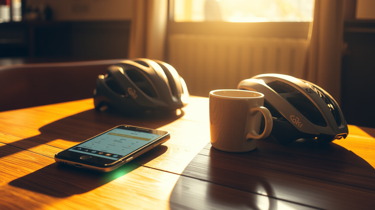Smartphone con interfaccia di delivery su tavolo illuminato, casco da rider, nuove tutele per il lavoro su piattaforma