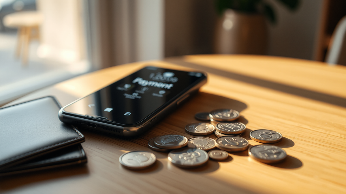 Smartphone con pagamento digitale e monete su un tavolo, concetto di transizione dal contante all'euro digitale nella vita quotidiana