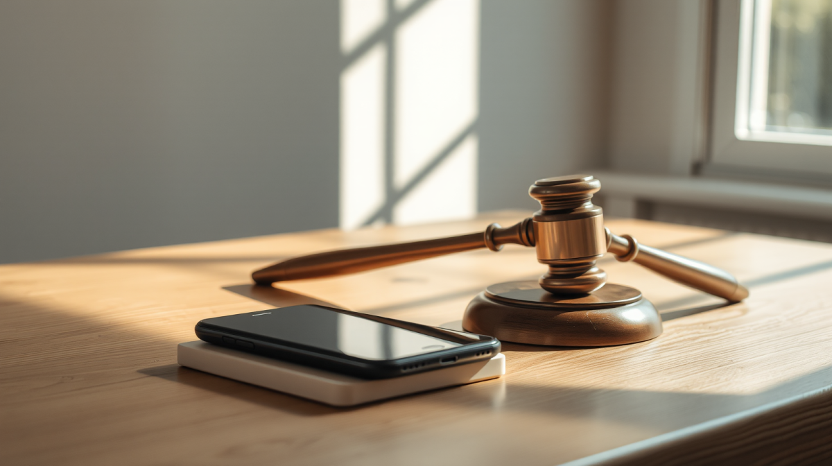 Software difettoso? Da fine 2026 il produttore paga i danni: cosa cambia per il cittadino Smartphone e gavel su una scrivania illuminata dalla luce naturale, prodotti digitali e responsabilità legale del software