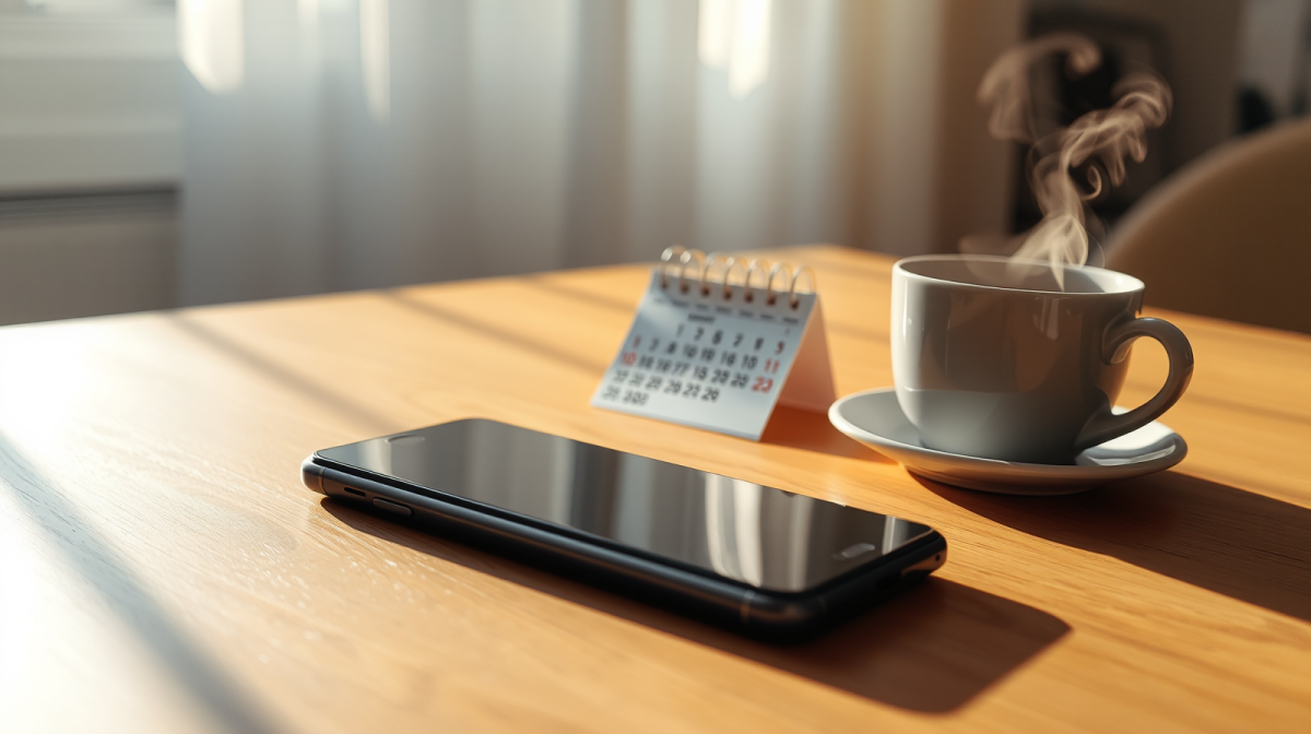 Apple ora si paga a rate: il leasing a 17,99$ cambia il costo dell’iPhone per le famiglie Smartphone su tavolo illuminato dal sole con calendario e tazza di caffè, rappresentazione del noleggio mensile dell'iPhone in abbonamento
