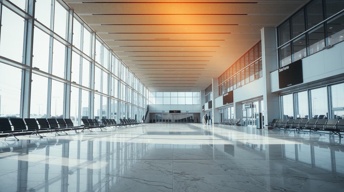 Terminal aeroportuale deserto e luminoso con vetrate, trasporti aerei italiani a rischio per gli scioperi di luglio