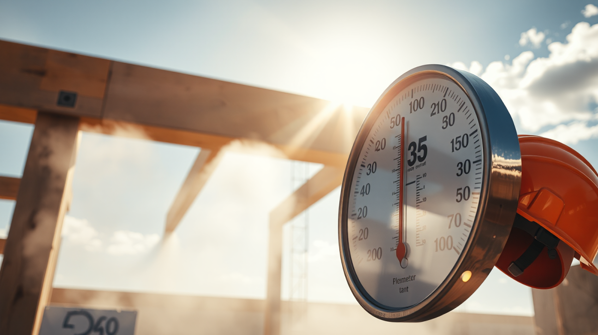 Termometro oltre i 35 gradi in un cantiere edile con casco di sicurezza, caldo estremo e sicurezza nei luoghi di lavoro