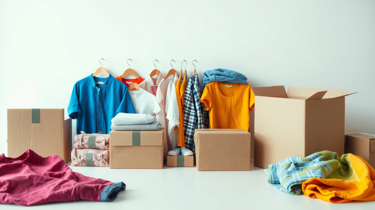 H&M: l’upgrade tocca chi compra vestiti low-cost Abbigliamento colorato e scatole di cartone su scrivania luminosa, simbolo della moda low-cost