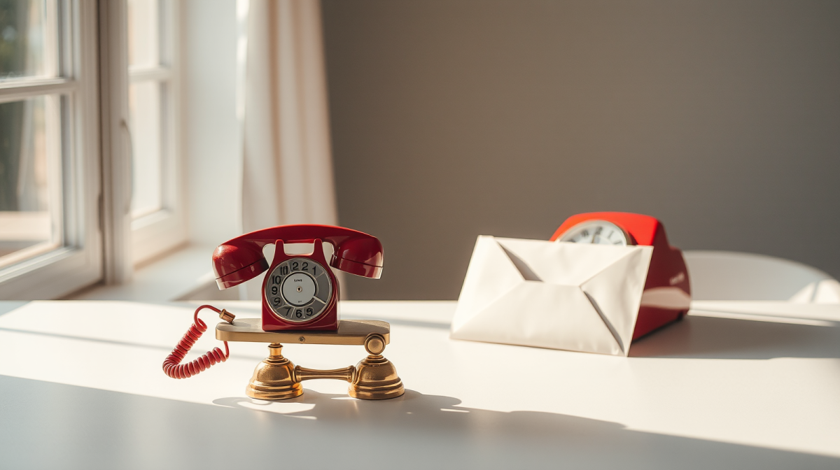 Bilancia dorata con telefono vintage e busta sulla scrivania, la scelta del piccolo azionista TIM sull'OPAS Poste