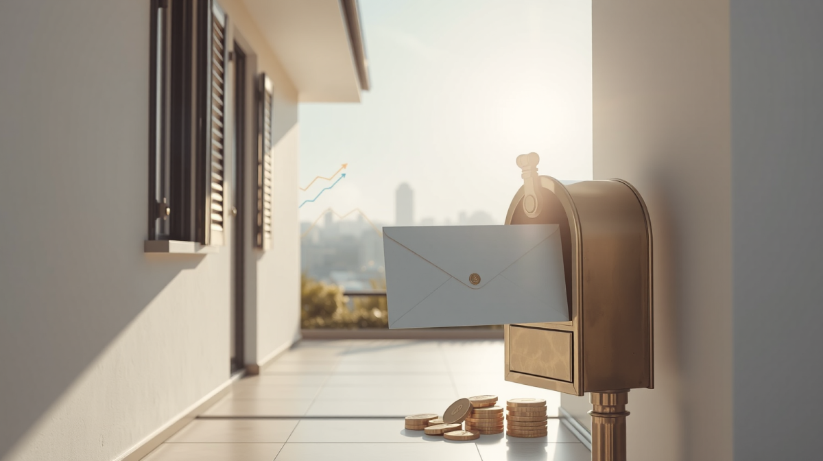 Tasse locali: con la riforma arrivano sconti per l’addebito diretto e lettere di compliance a casa Cassetta postale con busta e monete dorate davanti a una casa italiana, tasse locali più leggere con la riforma