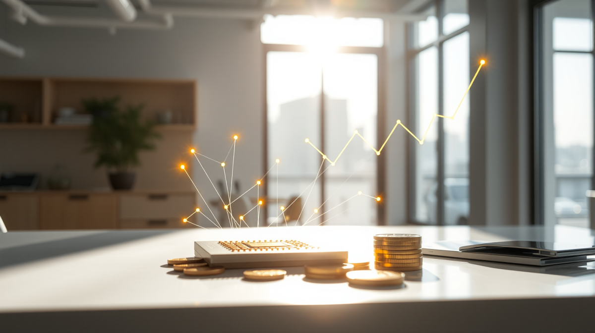 Chip di intelligenza artificiale e grafici finanziari in una scena luminosa, il rischio sistemico degli investimenti IA