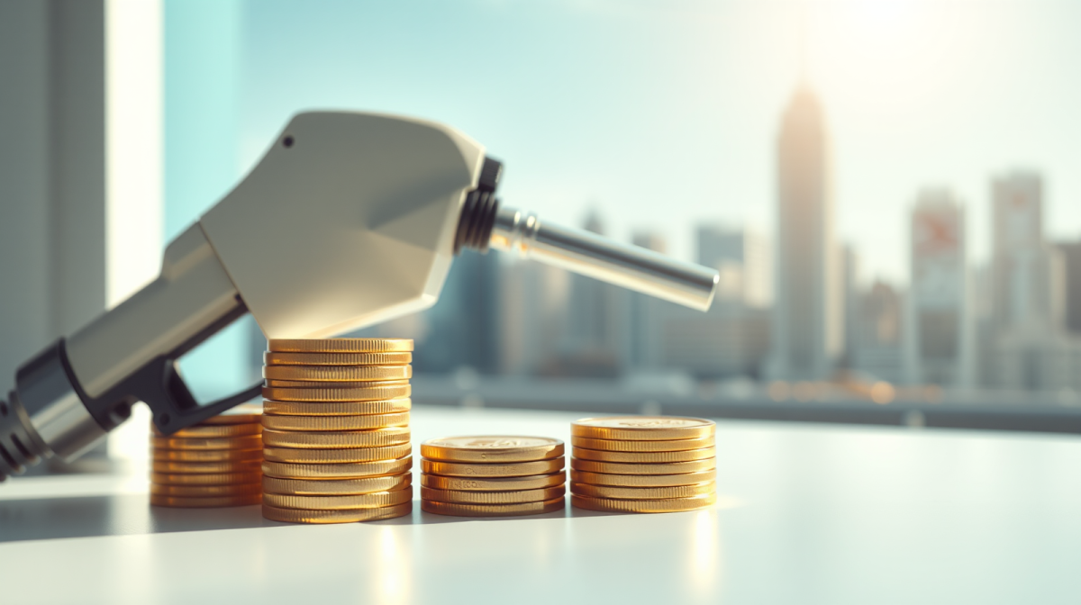 Sconto diesel prorogato: quanto resta in tasca a famiglie e lavoratori Erogatore di diesel e monete d'oro a simboleggiare il risparmio sul carburante, skyline di un distretto finanziario in piena luce