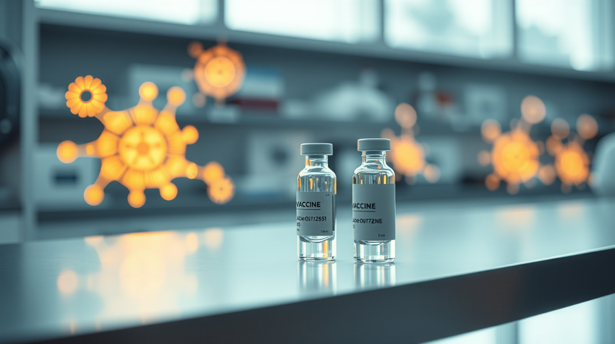 Vaccino melanoma Moderna: cosa cambia per chi ha casi in famiglia Flacone di vaccino personalizzato in laboratorio di ricerca medica, molecole luminose e innovazione mRNA per il melanoma