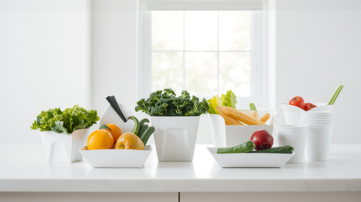 Imballaggi per alimenti senza PFAS: vaschette e bicchieri con verdure fresche su uno sfondo luminoso e pulito