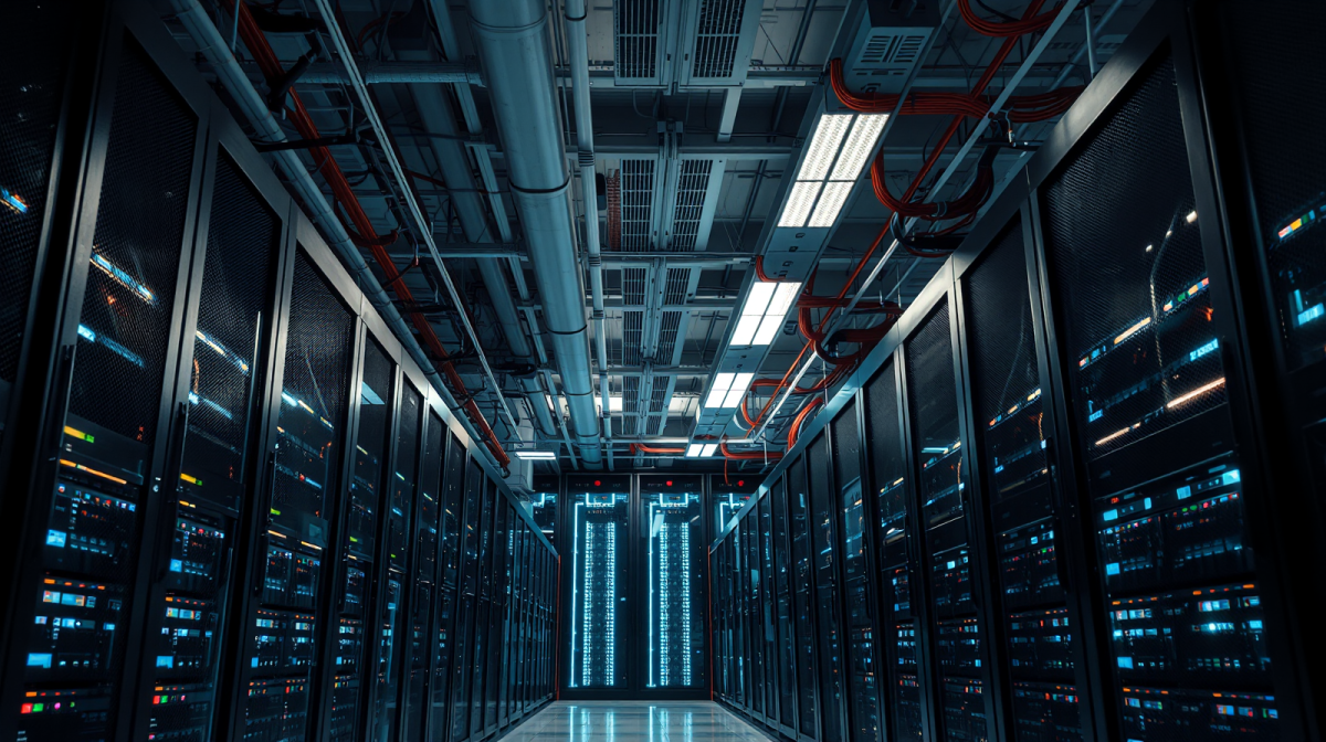 Infrastruttura energetica di un data center per intelligenza artificiale, ambiente tecnologico luminoso e moderno