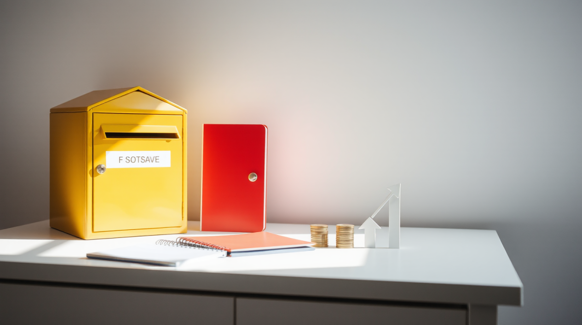 Libretto di risparmio postale con monete e grafico in salita, buyback di Poste Italiane in luce naturale