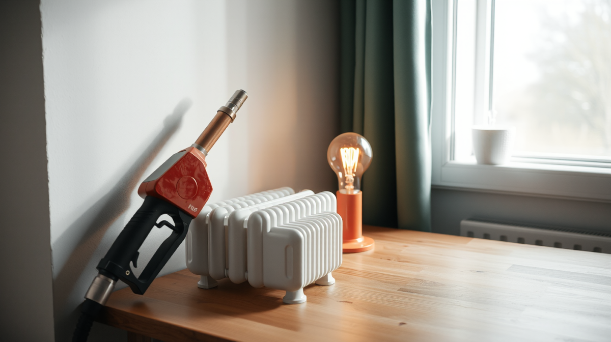 Pompa di benzina, lampadina e termosifone al sole, simboli dei rincari di energia che pesano sulle famiglie italiane