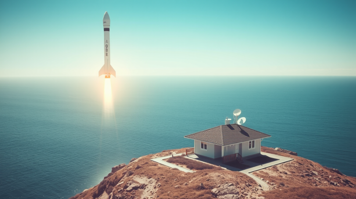 Bolletta e risparmio: dopo il volo di Starship, quanto ci costeranno internet satellitare e servizi digitali Razzo spaziale riutilizzabile che atterra in luce naturale con un fascio di luce verso una casa con antenna, internet satellitare più economico
