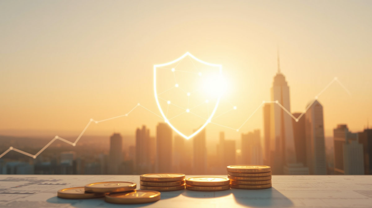 TCF: l’opportunità per commercialisti e avvocati con la riforma fiscale Shield astratto del Tax Control Framework sullo skyline di un distretto degli affari, monete d'oro, adempimento collaborativo per le imprese