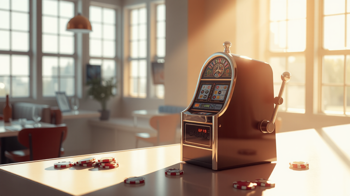 Games online, AWP e licenze Vlt: cosa cambia per famiglie e lavoratori Slot machine minimalista su bancone di bar con chip di gioco e luce naturale, simbolo dei games online regolamentati
