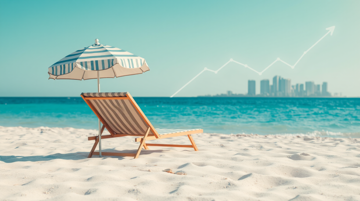 Spiaggia dorata con ombrellone, lettino e monete d'oro davanti a uno skyline, simbolo di buoni pasto e ferie del decreto PA