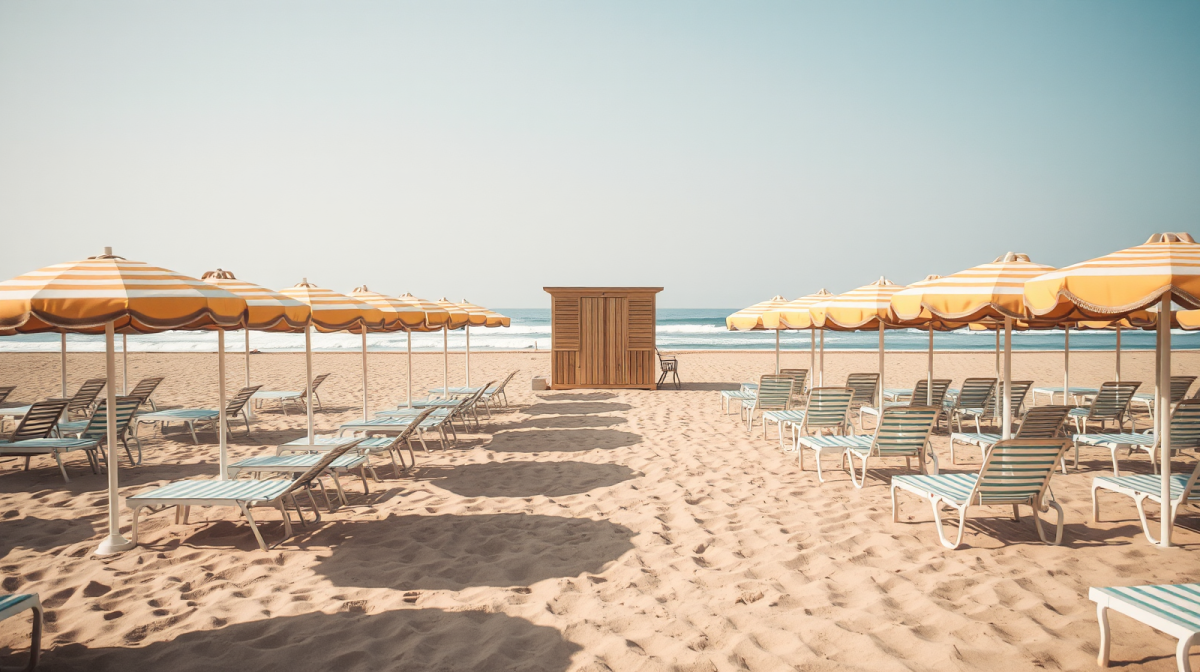 Stabilimento balneare con ombrelloni e lettini sulla sabbia dorata, simbolo delle concessioni pubbliche locali