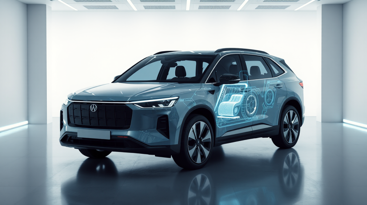 SUV ibrido plug-in moderno con visualizzazione della batteria LFP, tecnologia di ricarica per auto ibride
