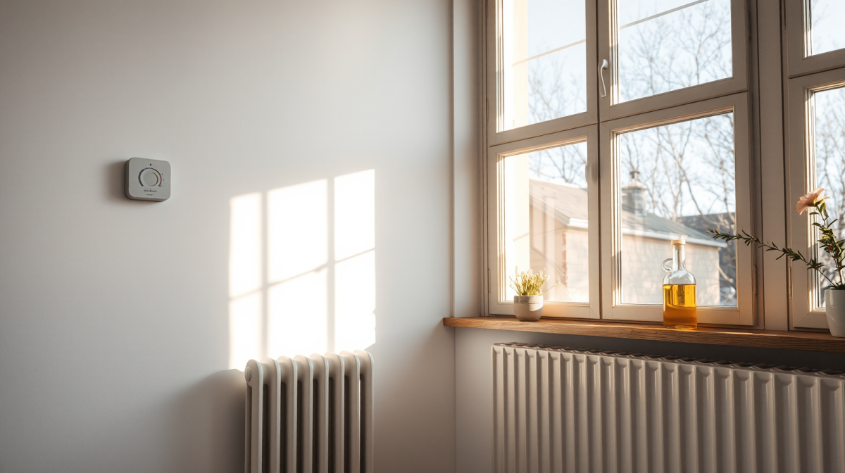 Termostato e termosifone in una casa luminosa con luce del mattino, calo del prezzo del petrolio e bollette più leggere